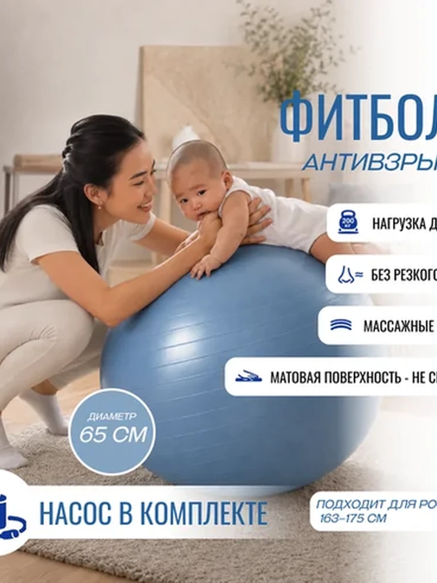 Фитбол для массажа и укачивания грудничка, гимнастический мяч с насосом 65 см