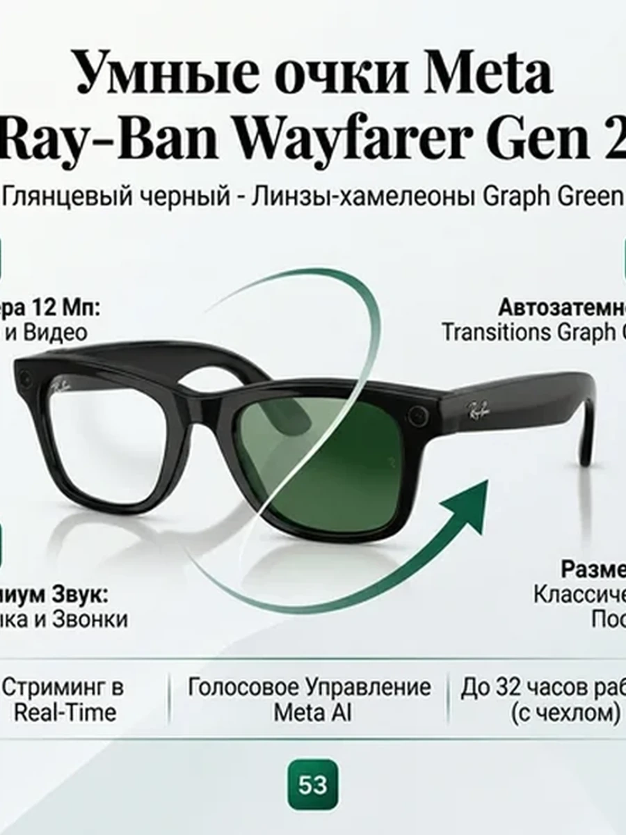 Meta Ray•Ban Wayfarar Gen 2  Shiny Black - Transition Graph Green Размер 53
