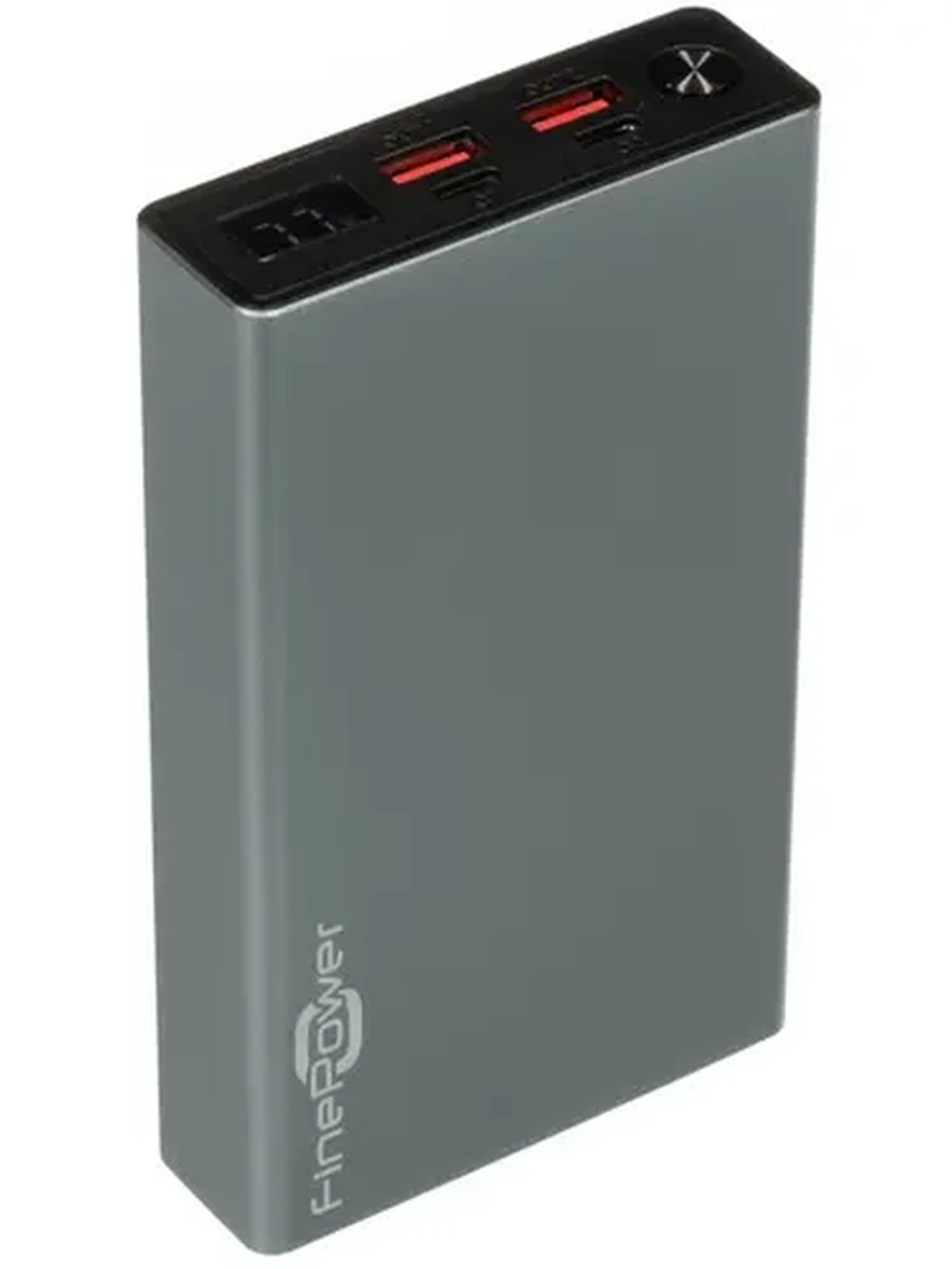Портативный аккумулятор 20 000 mAh FinePower Bullet II (100W, 2xUSB-A(out), 2хUSB-C(in/out), Li-ion, металл, LCD, серый)