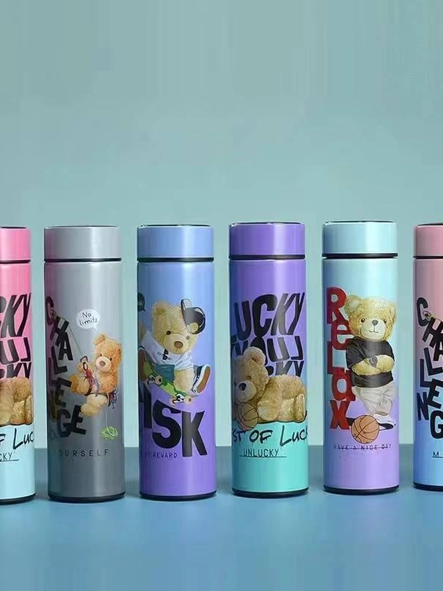 Термос с термодатчиком и заварником 500 мл розовый с рисунком