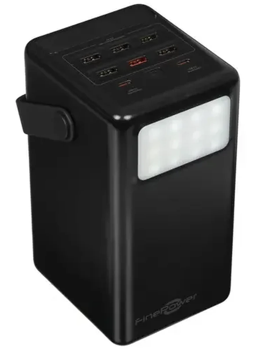 Портативный аккумулятор 80 000 mAh FinePower Golem 2 (65W, 6xUSB-A(out), 2xUSB-C(in/out), Li-pol, пластик, фонарик, LCD,  ручка, черный)