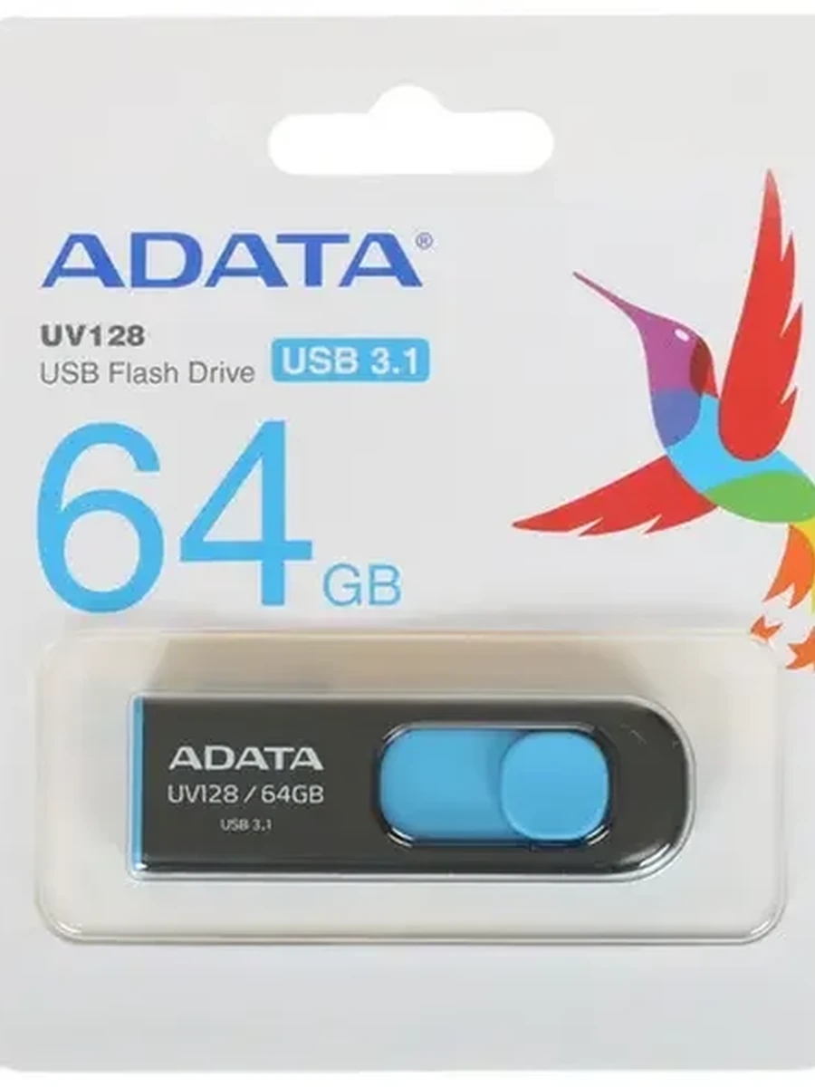 Память USB Flash A-Data UV128 [Type-A, 3.0, 64 Gb, пластик, черный-голубой]