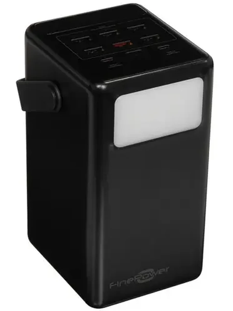 Портативный аккумулятор 100 000 mAh FinePower Golem 3 (65W, 6xUSB-A(out), 2xUSB-C(in/out), Li-pol, пластик, фонарик, LCD, ручка, черный)