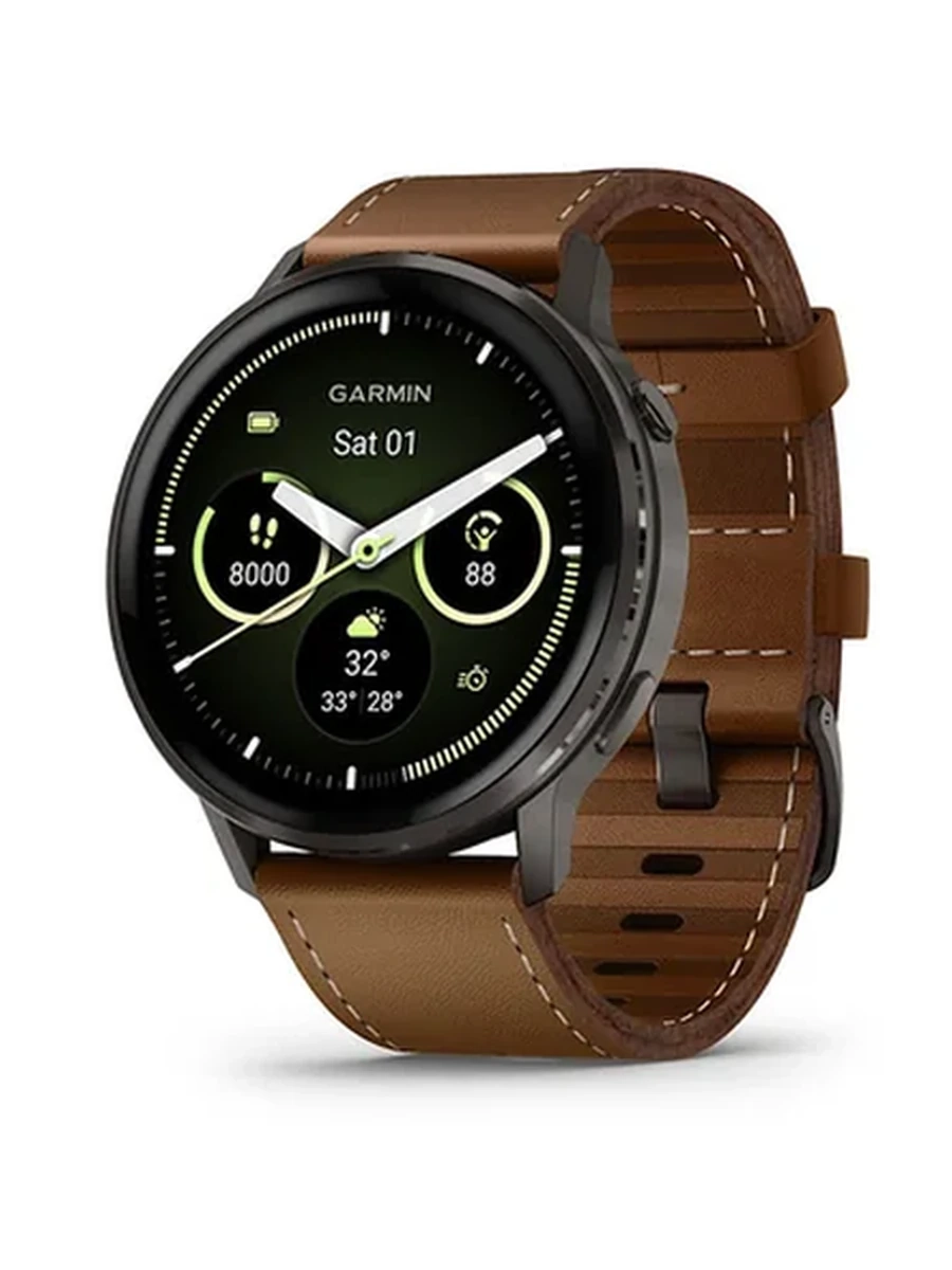 Garmin Venu 4 – 45mm, Slate with Black Silicone Band and Brown Leather Band