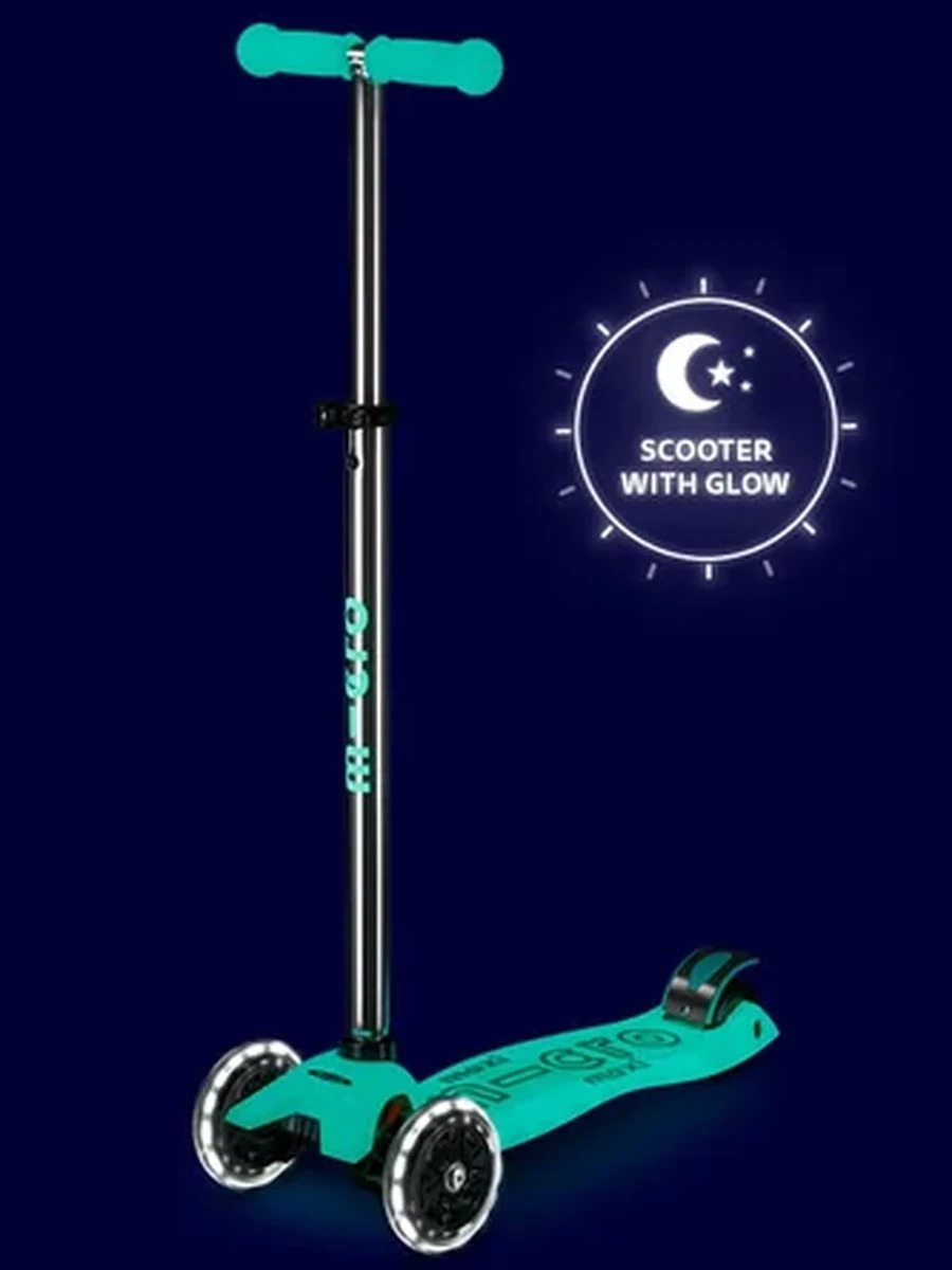 Micro Самокат Maxi Deluxe Glow Plus LED Jelly Green, от 4 лет, светящийся в темноте