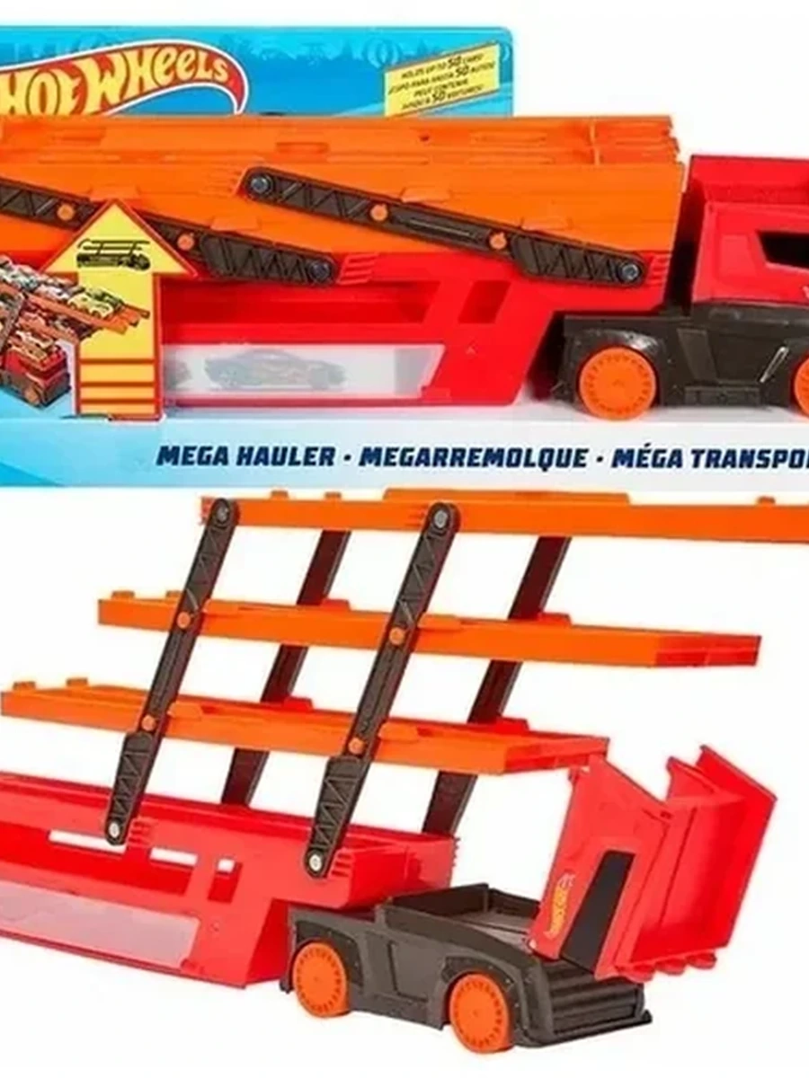 Трек Hot Wheels автовоз Mega Hauler, игрушка для мальчиков с хранилищем для 50 машинок GHR48