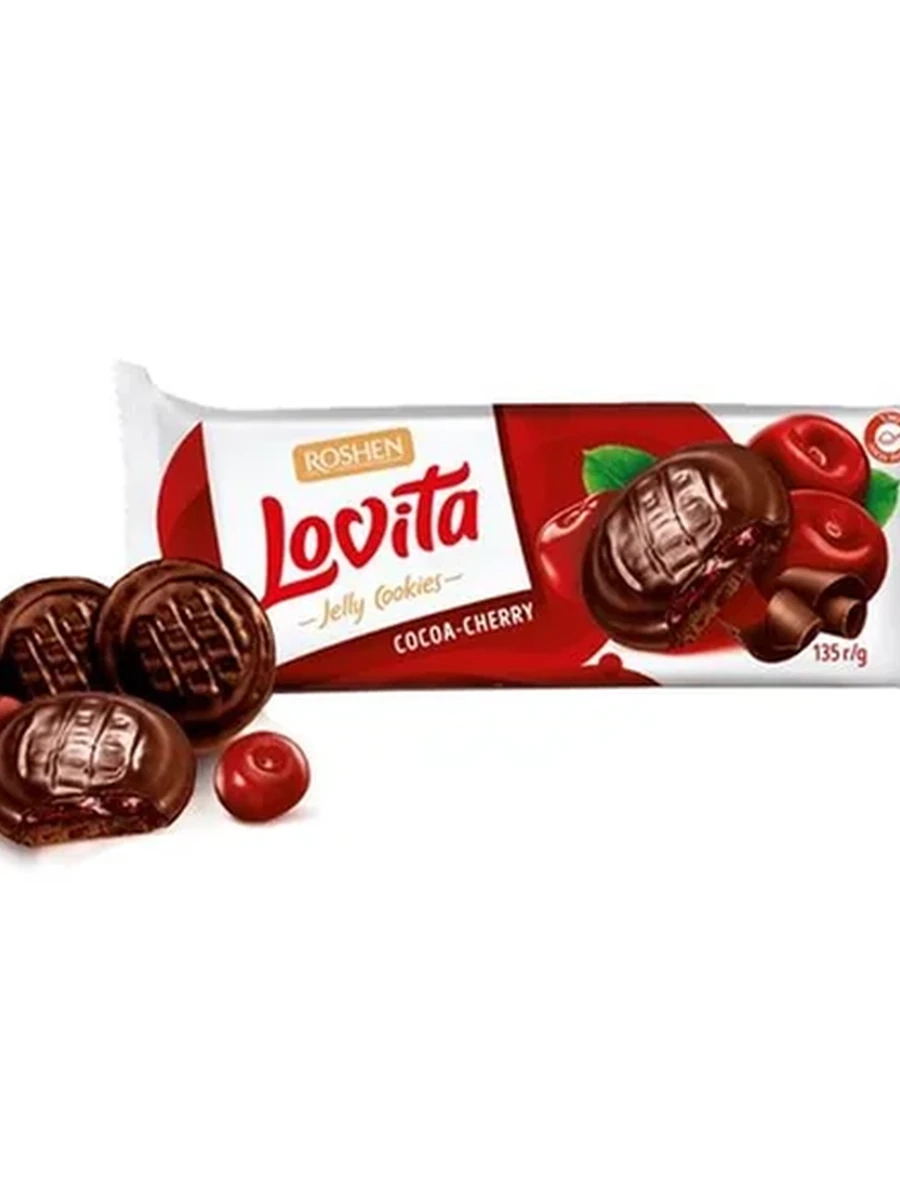 ПЕЧЕНЬЕ LOVITA ДЖЕЛЛИ С КАКАО И ЖЕЛЕЙНОЙ НАЧИНКОЙ ВИШНЯ 135ГР