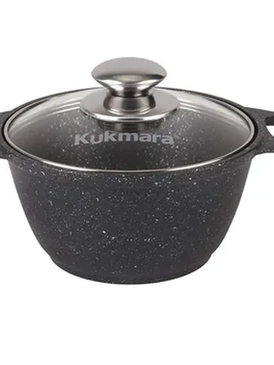 Кастрюля Kukmara 1л с антипригарным покрытием (темный мрамор) со стеклянной крышкой