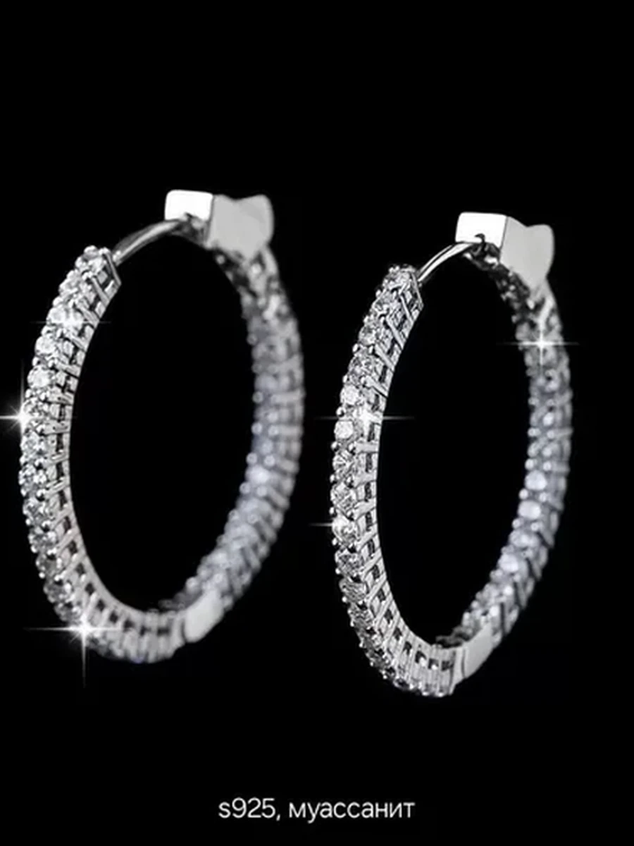 Серебряные Серьги-Кольца S925 с Муассанитом Женские Ювелирные Блестящие Конго Подарок