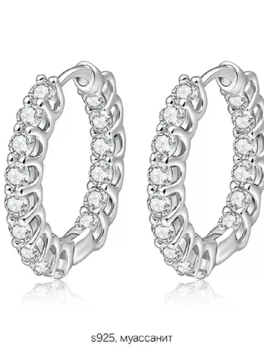 Серебряные Серьги-Кольца S925 с Муассанитами Дорожка, Женские Ювелирные Украшения