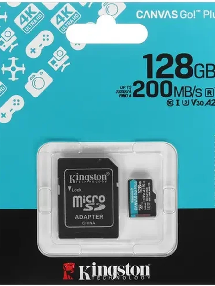 Карта памяти Kingston Canvas Go! Plus [microSD, A2, V30, 128 Gb, 200 Mb/s, адаптер]