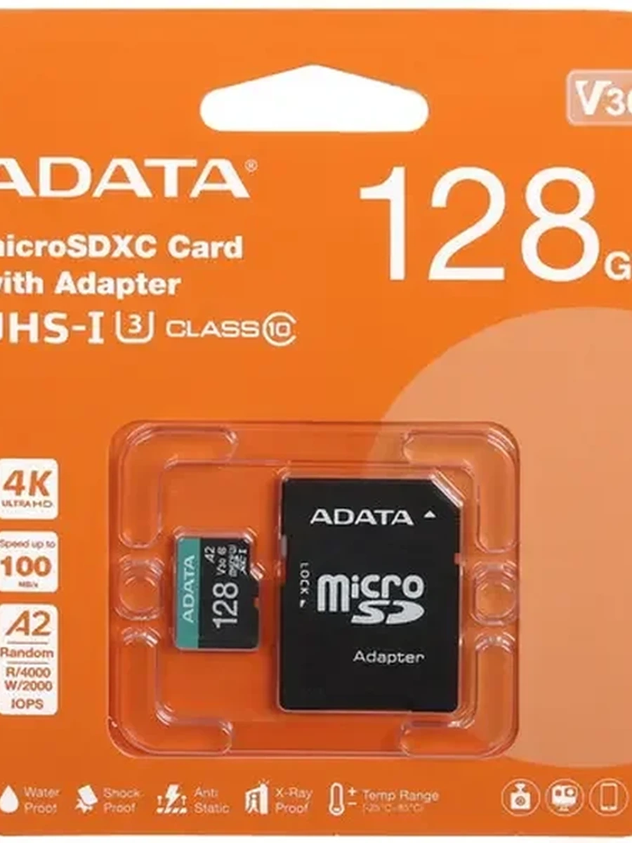 Карта памяти Adata Premier Pro V30S [microSDXC, U3, V30, A2, 128 Gb, 100 Mb/s, адаптер]