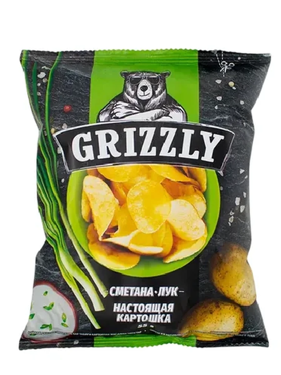 ЧИПСЫ GRIZZLY СО ВКУСОМ СМЕТАНЫ И ЛУКА 55ГР