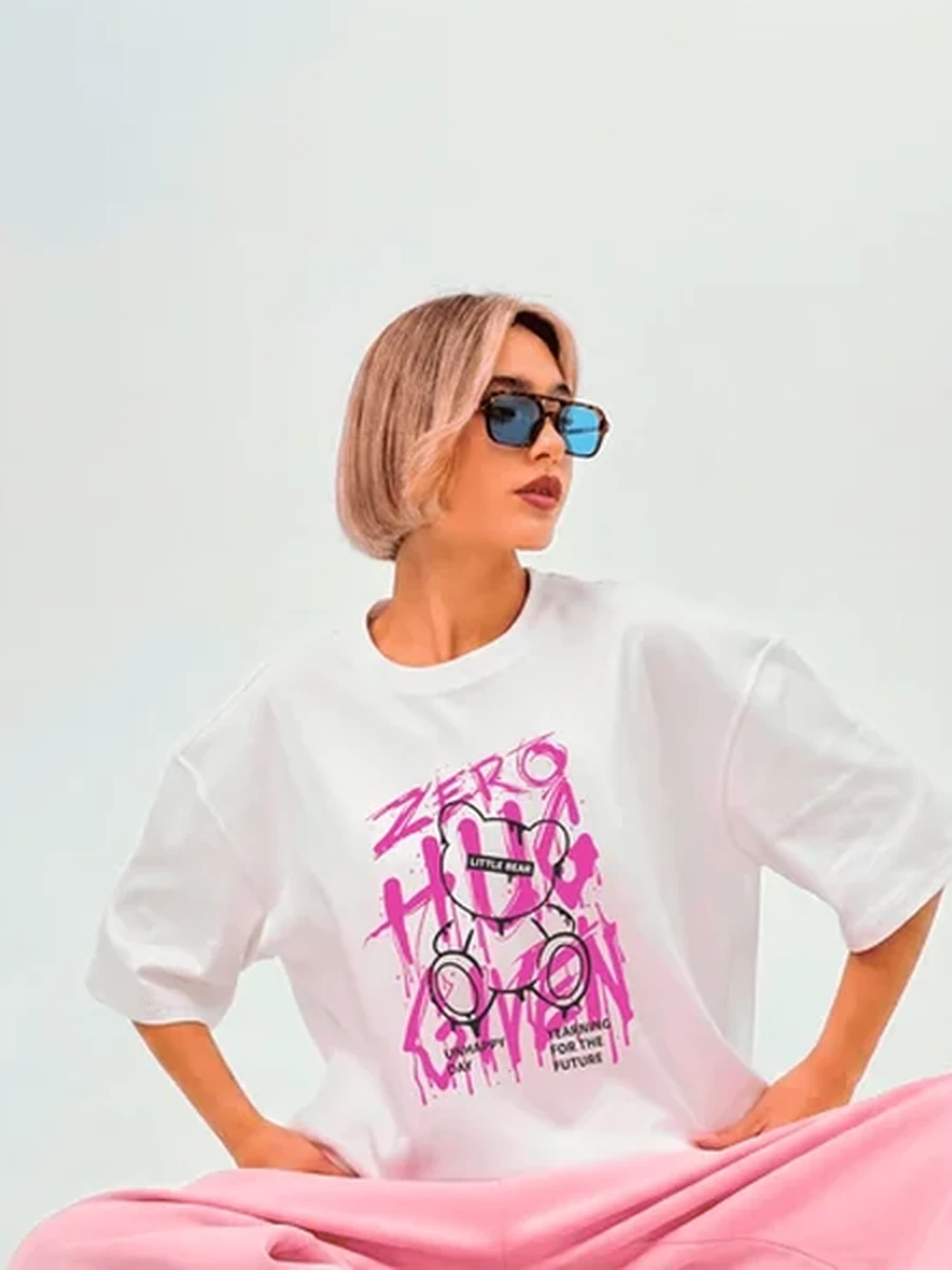 Футболка оверсайз Унисекс белая XL-2XL Граффити стиль: Bear