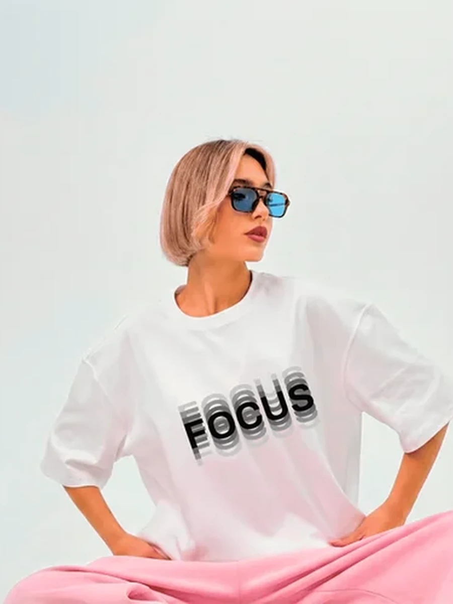 Футболка оверсайз Унисекс белая M-L "FOCUS" Эффект двоения