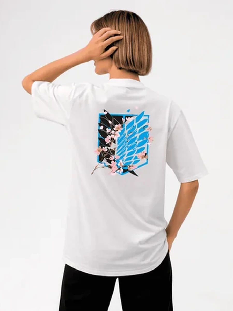 Футболка базовая Унисекс Белая 2XL  Крылья и Сакура Атака титанов