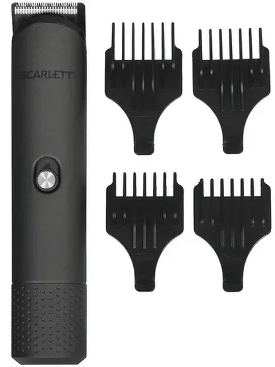 Машинка для стрижки Scarlett SC-HC63C103 черный [смена насадок, насадок-4 шт, от аккумулятора/от сети, нерж.сталь]