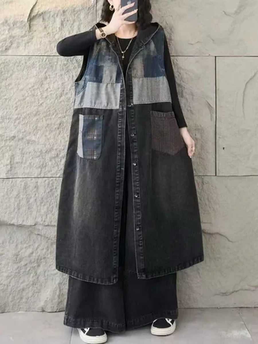 Жилет джинсовый удлинённый oversize с пэчворком