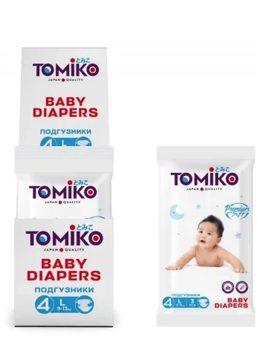 TomiKo Подгузники на липучках Premium Soft L (9-13 кг) 3 шт