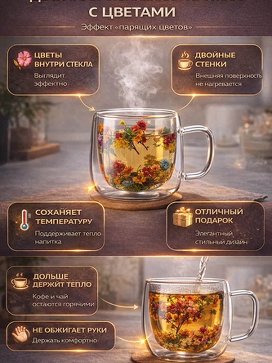 Двойная стеклянная кружка с цветами