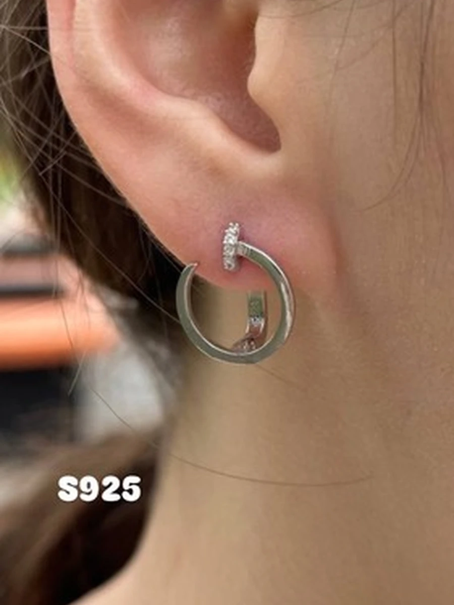 Серебряные серьги-кольца Гвоздь S925 с фианитами, ювелирное украшение для женщин