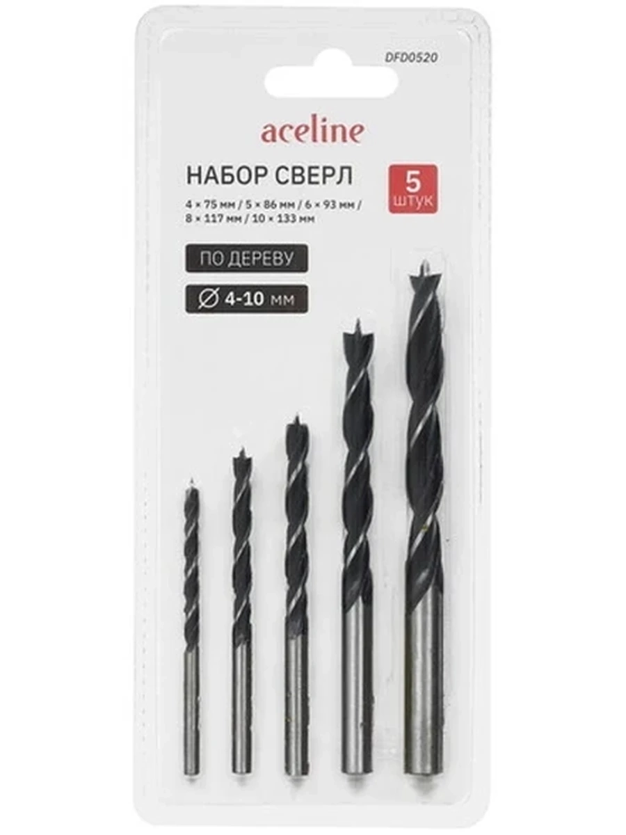 Набор сверл Aceline DFD0520 [спиральное, по дереву, Ø4-10 мм, длина - 75-133 мм, хвостовик - цилиндрический, 5 шт.]