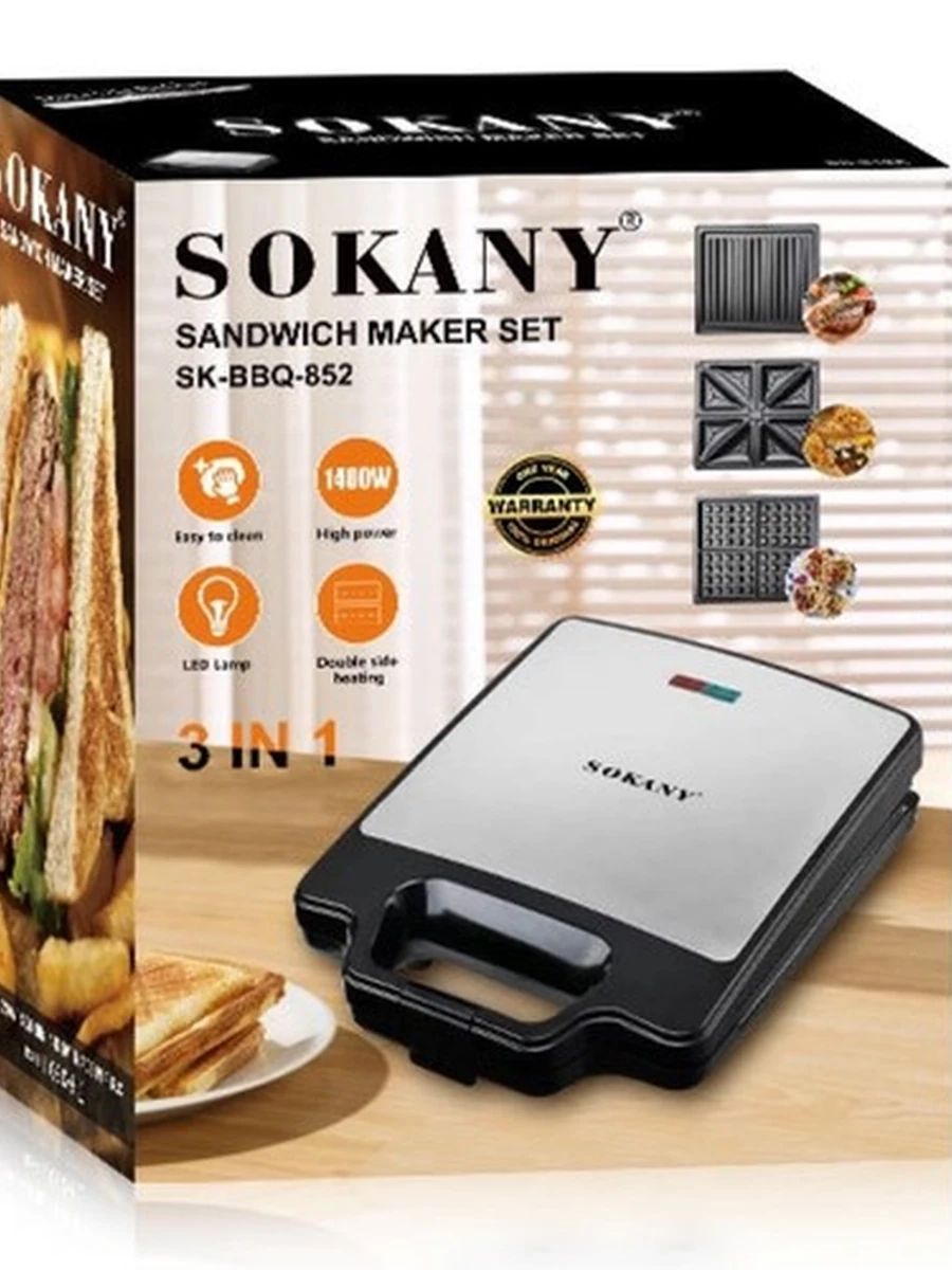 Мультипекарь Sokany SK-BBQ-852, с антипригарным покрытием, 1400 Вт, 3 пластины