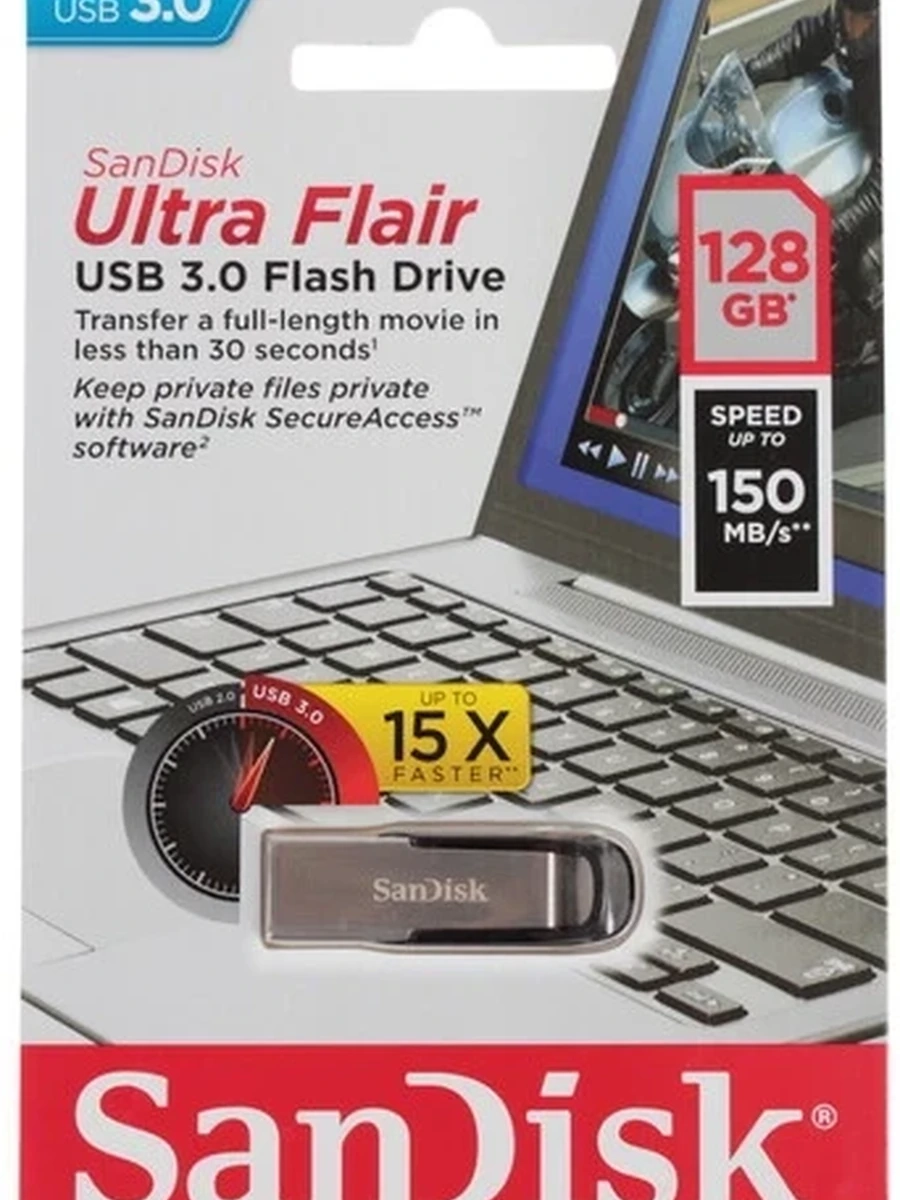 Память USB Flash SanDisk Ultra Flair [Type-A, 3.0, 128 Gb, металл, серебро]