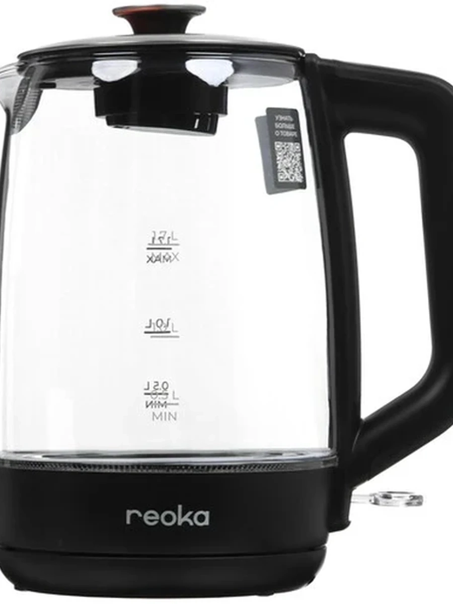 Электрочайник Reoka RKEK-14 [Стекло, 1.7 л, 1900 Вт, залив воды через крышку, дымчатое стекло] Черный