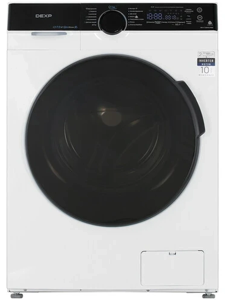 Стиральная машина DEXP WM-F712KMA/WBSI [фронтальная, 7 кг, 1200 об/мин, 59.5 см x 85 см x 46 см] белый, черный, дисплей, пар, инвертор