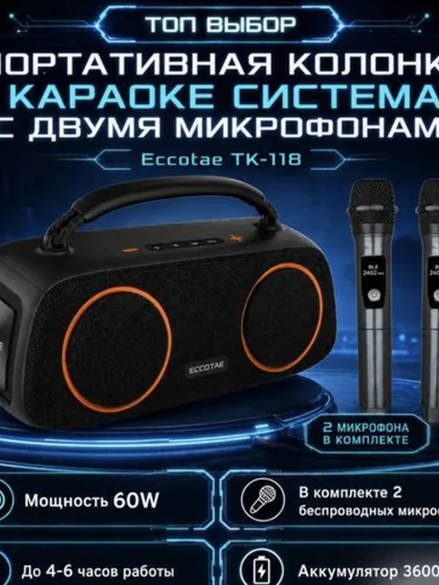 Портативная колонка караоке система с двумя микрофонами Eccotae TK-118