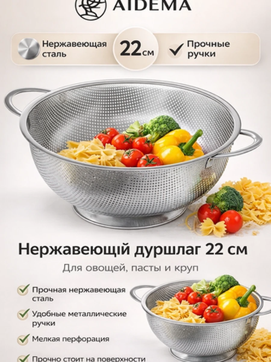 Дуршлаг из нержавеющей стали AIDEMA, 22 см — прочный кухонный дуршлаг с ручками