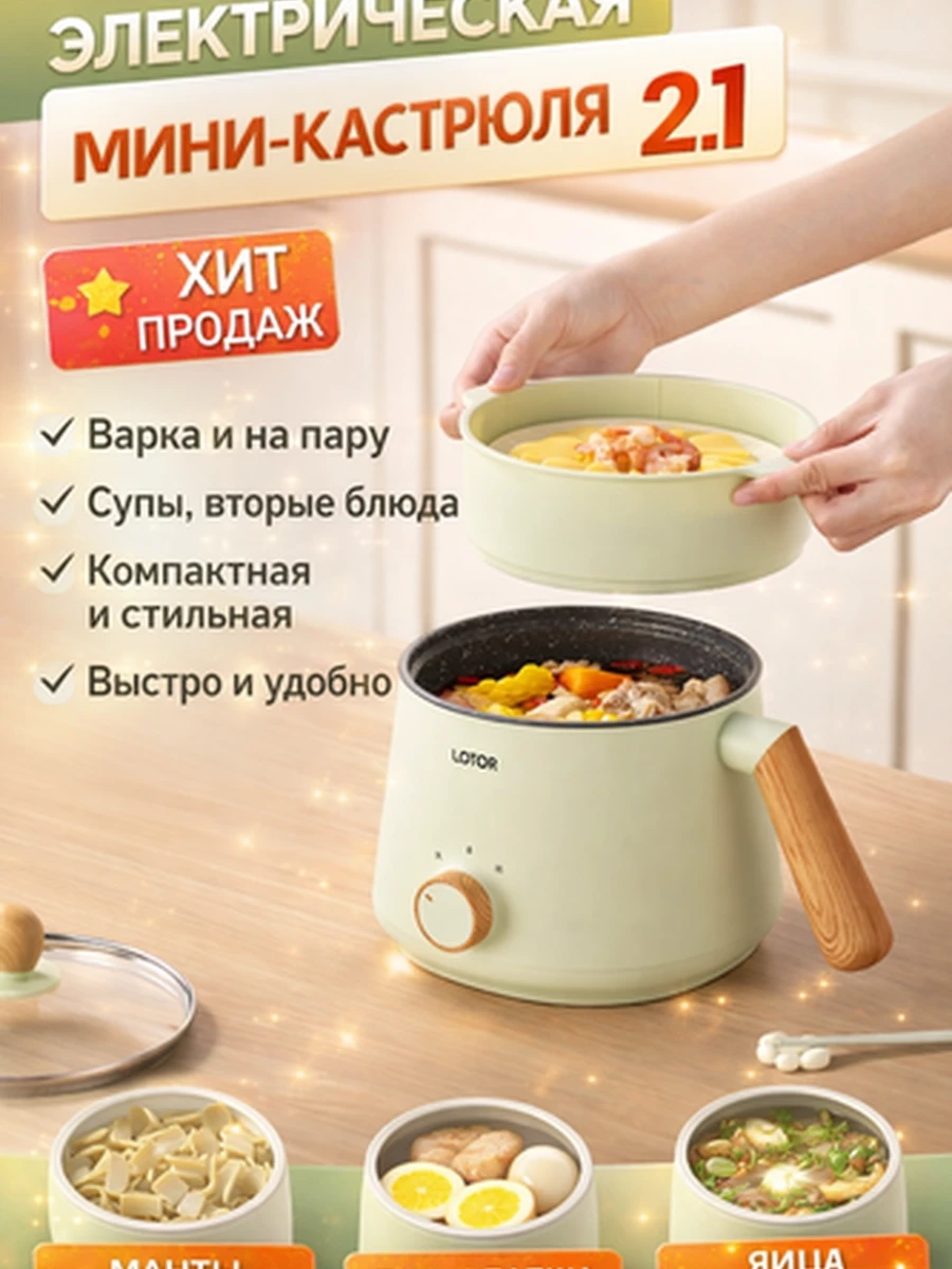 Электрическая мини-кастрюля LOTOR 2 в 1 с пароваркой