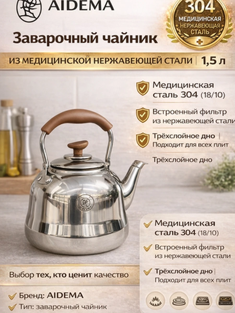 AIDEMA — Заварочный чайник из медицинской нержавеющей стали 304 | 1,5 л