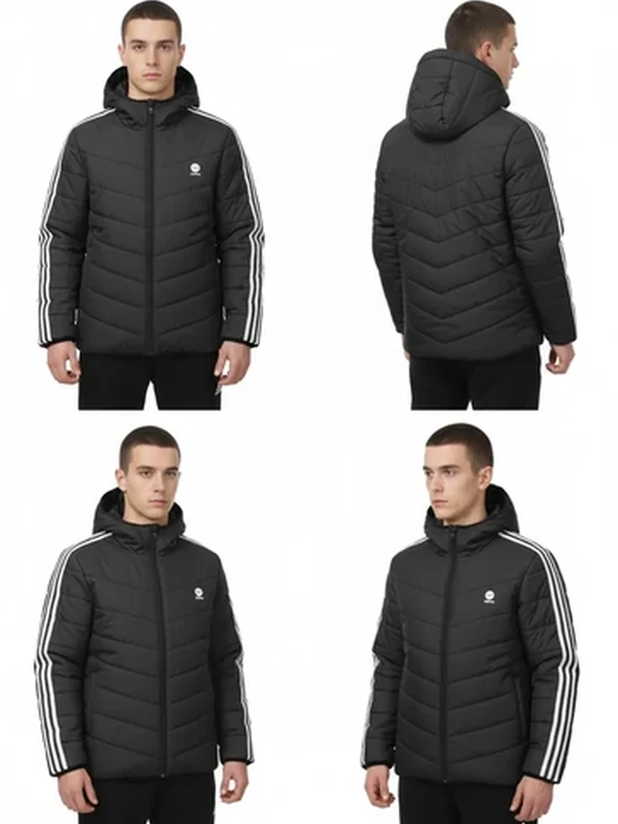 Мужская стеганая куртка Adidas с капюшоном черная демисезонная спортивная