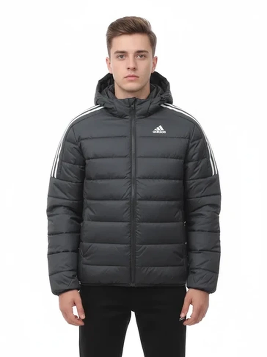 Мужская стеганая куртка Adidas черная с капюшоном и тремя полосками