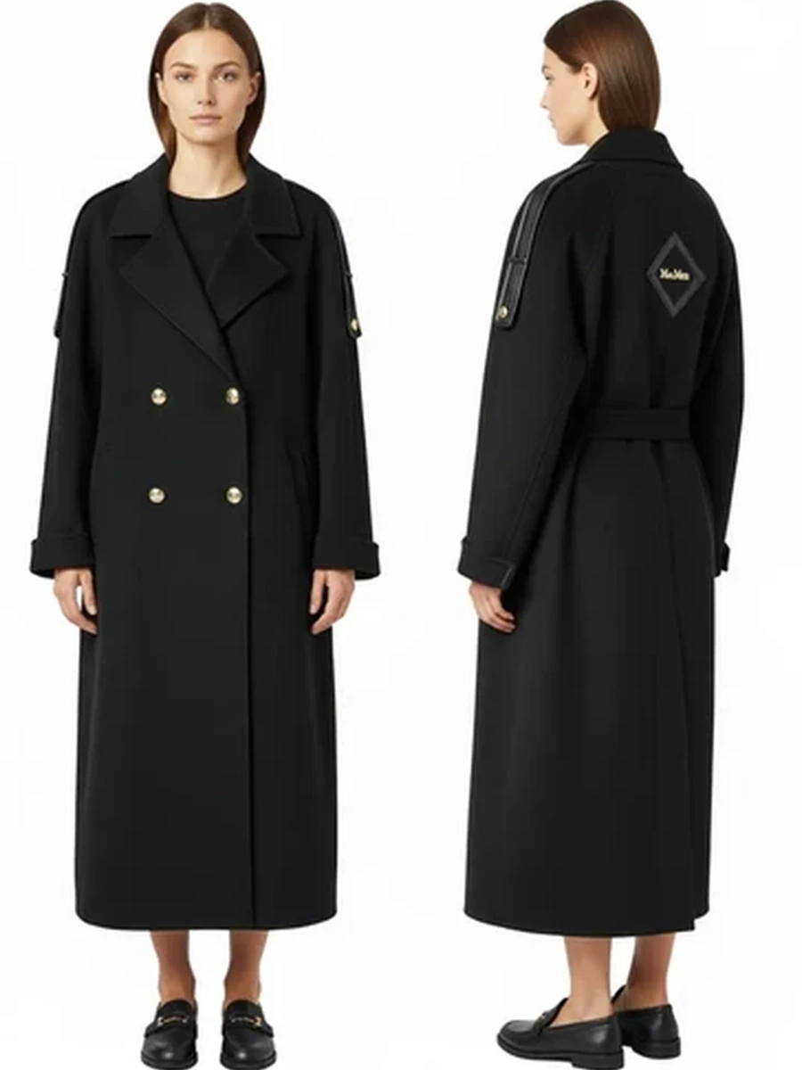 Пальто женское MaxMara черное двубортное длинное с поясом