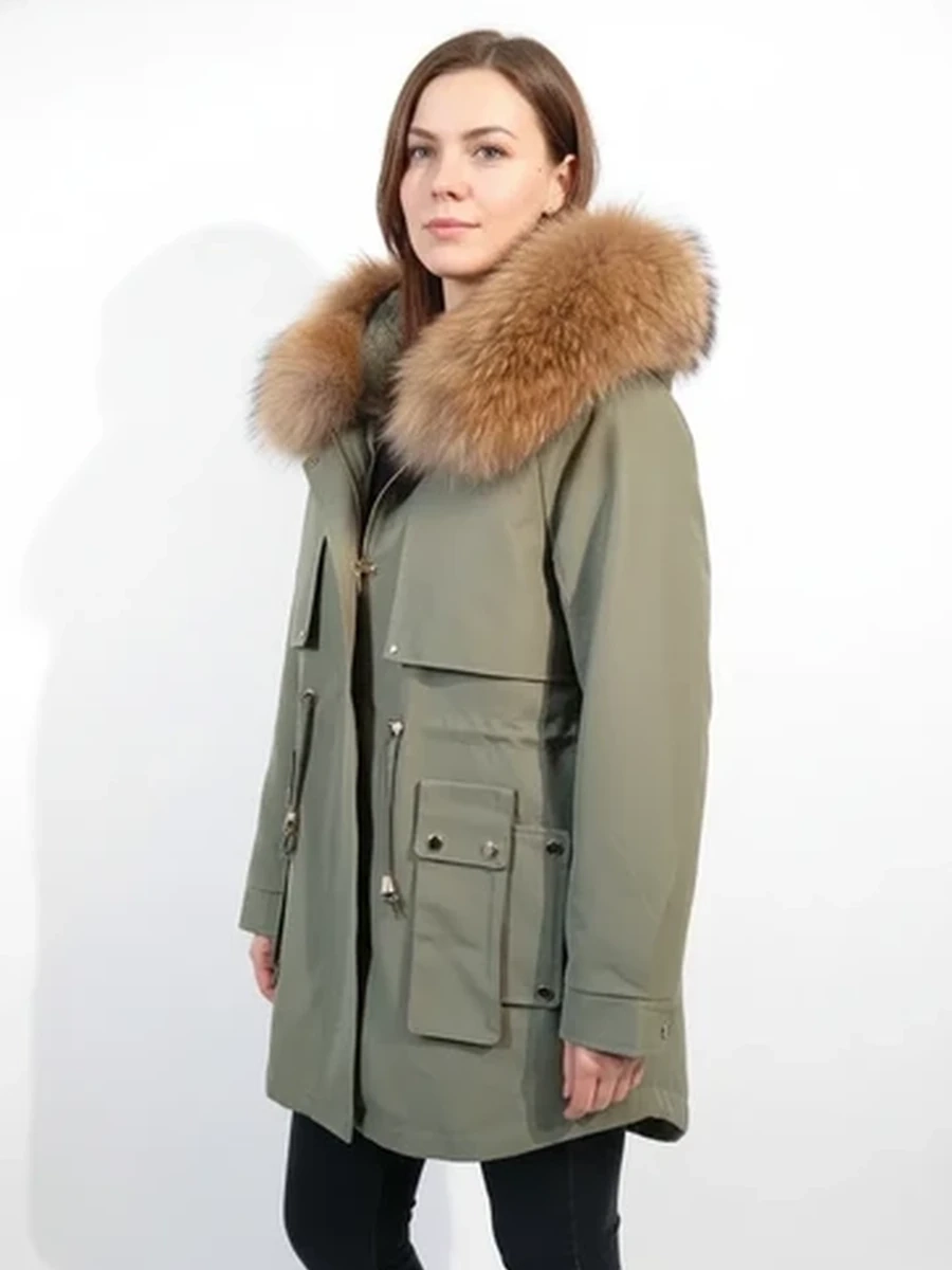 Женская зимняя куртка-парка с капюшоном и пышным меховым воротником