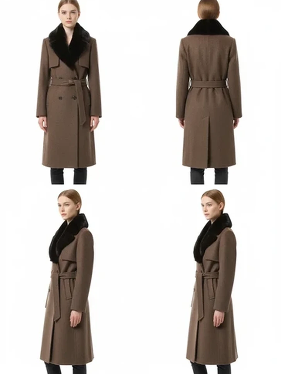 Женское двубортное пальто MaxMara с меховым воротником кофейного цвета
