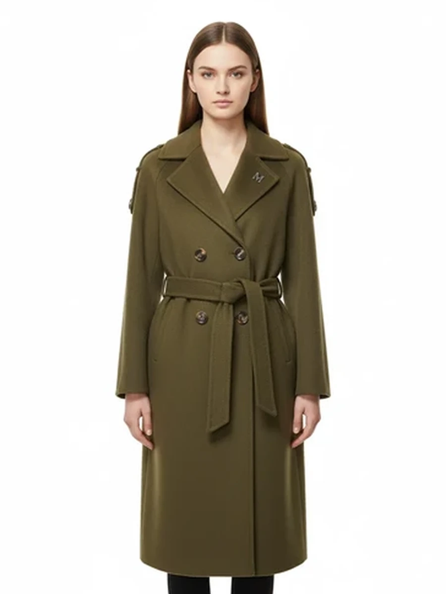Классическое женское двубортное пальто MaxMara с поясом оливкового цвета