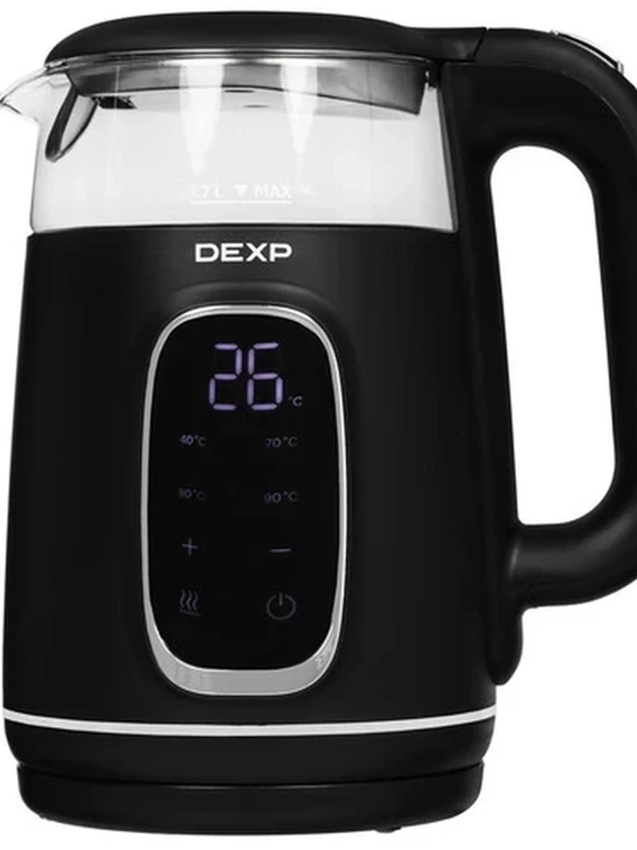Электрочайник DEXP DK-2200D [1.7л, 2000 Вт, двойная стенка пластик.стекло, дисплей, скрытый нагревательный элемент] Черный