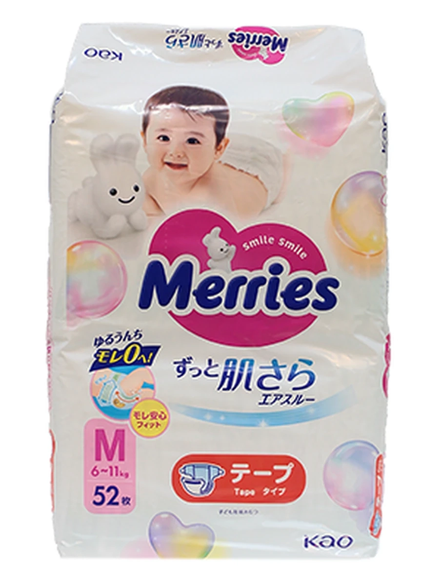 Японские подгузники Merries Air Through, размер M (6-11 кг), в упаковке 52 шт.