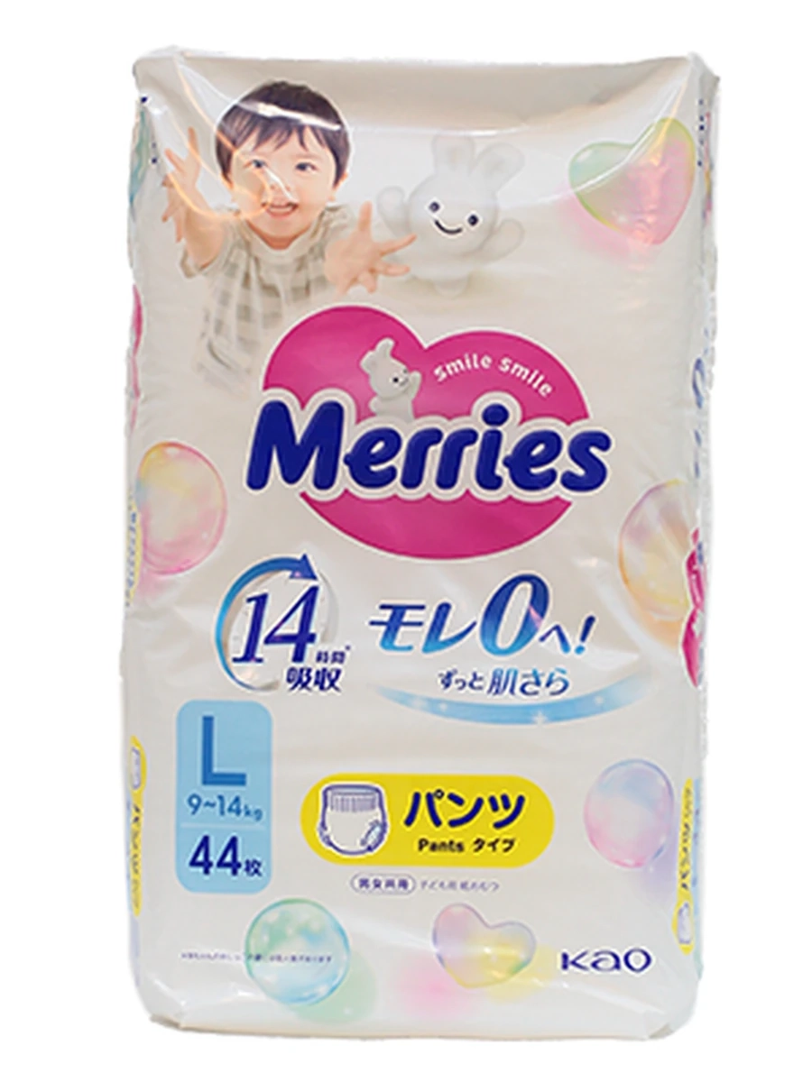 Японские трусики Merries Air Through, размер L (9-14 кг), в упаковке 44 шт.