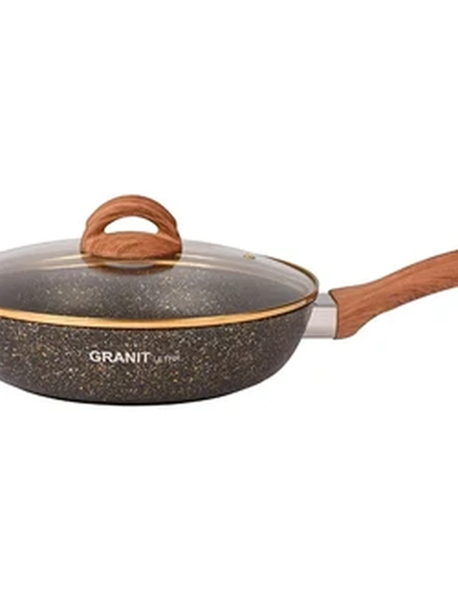 Сковорода Kukmara 240мм с ручкой,стекл.крышкой, АП линия Granit ultra (black-gold)