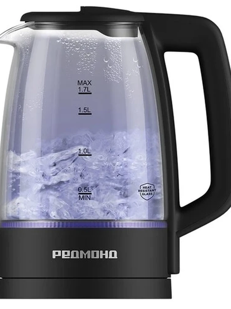 Электрочайник РЕДМОНД KG270 [стекло\пластик, 1.7 л, 2200 Вт, скрытый нагревательный элемент, терморегулятор, черный, прозрачный, в комплекте: 1 шт]