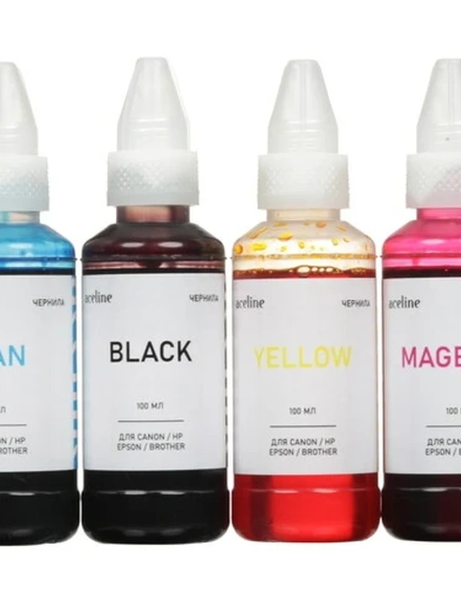 Набор чернил Aceline CI1-CMYK для струйных печатающих стройств Canon/HP/Epson/Brother, 4x100 мл. (совм)