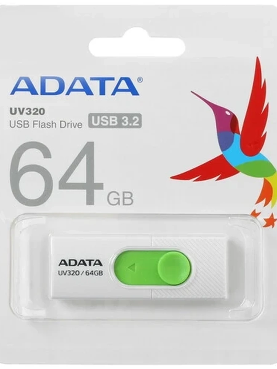 Память USB Flash A-Data UV320 [Type-A, USB 3.0, 64GB, пластик, белый/зеленый]