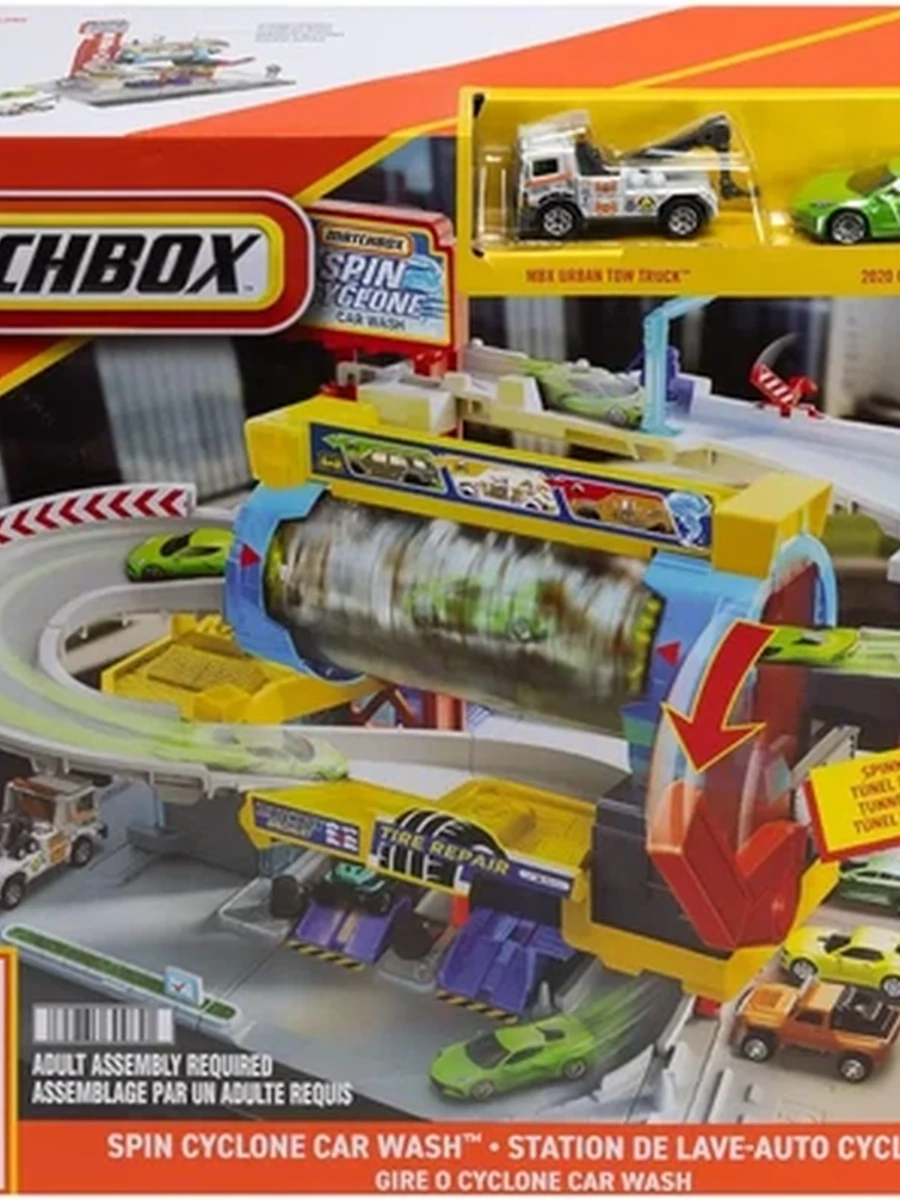 Игровой набор Matchbox Spin Cyclone Car Wash с игрушечным автомобилем Corvette и эвакуатором в масштабе 1:64