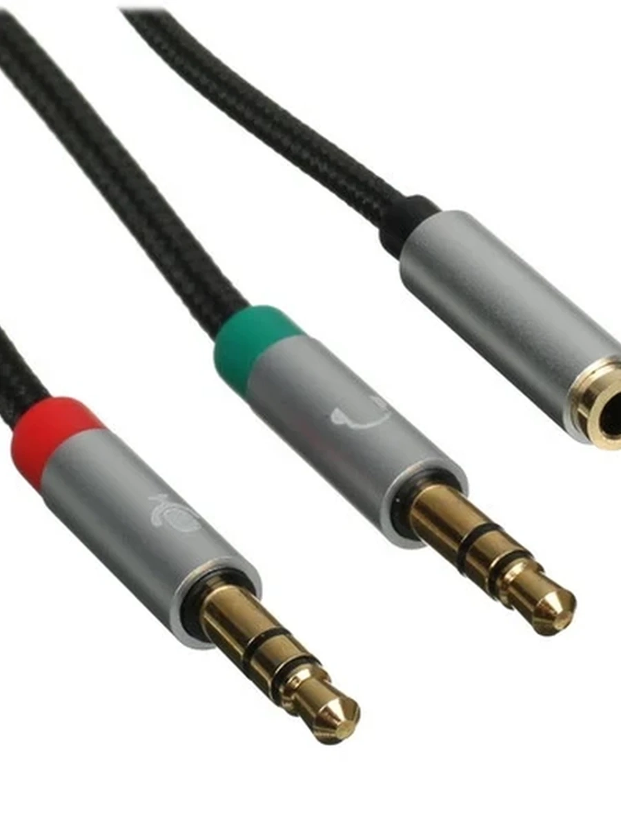 Переходник 3P 2x3.5 mm Jack (M) - 4P 3.5 mm Jack (F), 0,2m, DEXP [A4P35JM3P2x35JF02MCBB] Текстильная оплетка; Черный