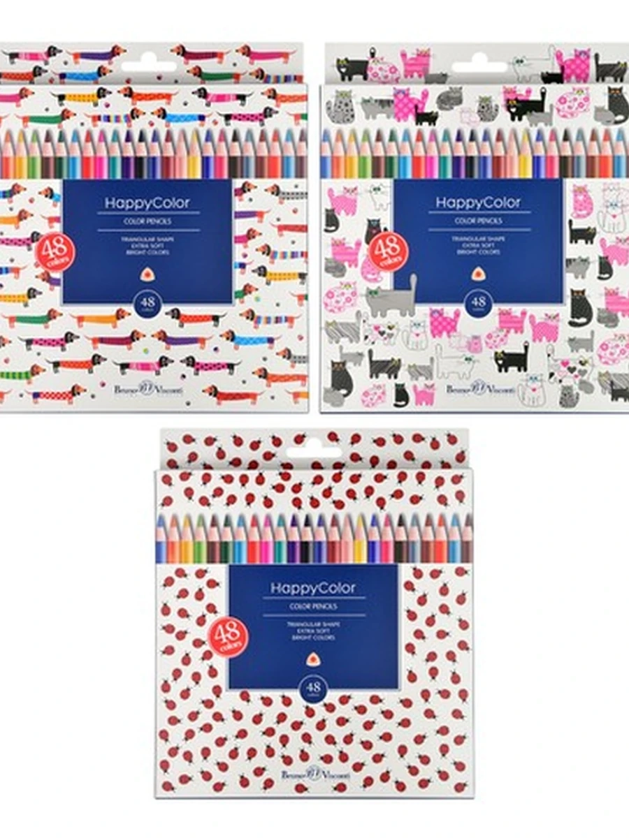 КАРАНД ЦВЕТ "HAPPYCOLOR", 48 ЦВ. 3 ВИДА